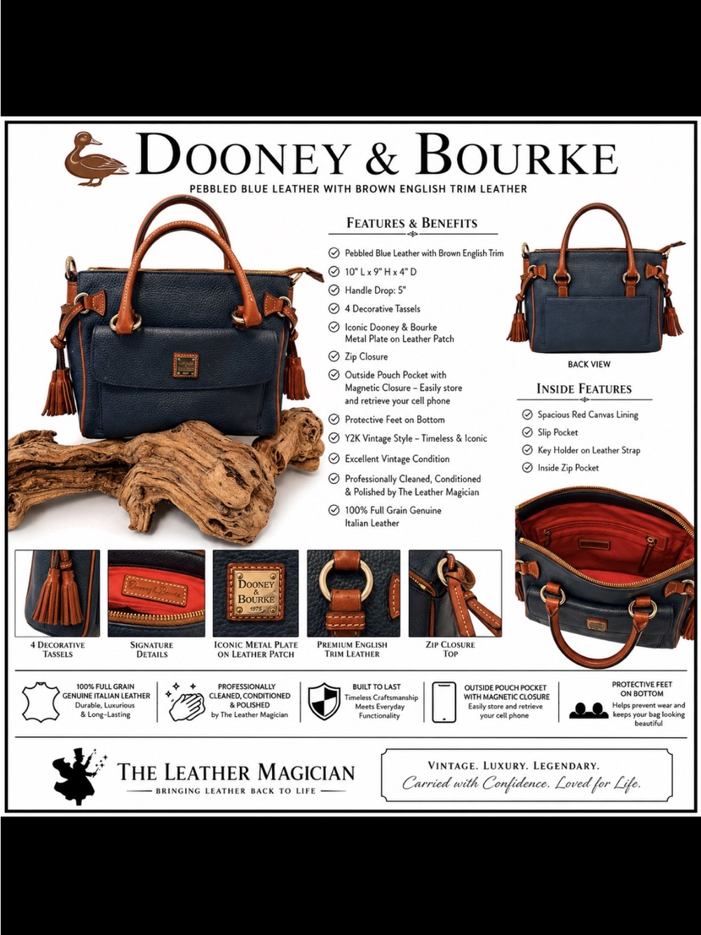 Dooney & Bourke Pebbled Blue Italian Leather Satchel Brown English Trim Y2K